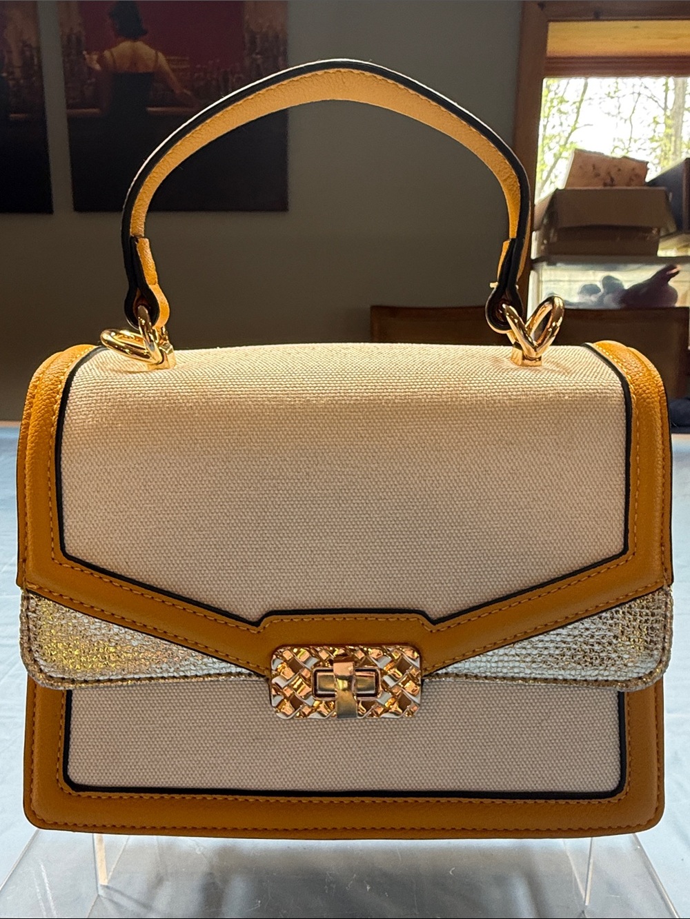 Aldo Cream Canvas Satchel with Yellow Trim and Gold Hardware nwot